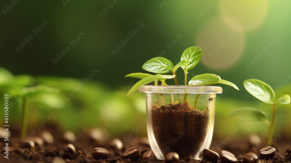 Plant sprout in used composted coffee capsule. Espresso coffee Capsules from wood in the box