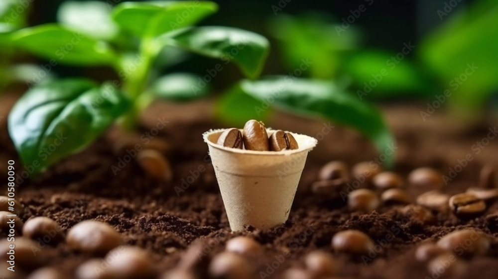 Plant sprout in used composted coffee capsule. Espresso coffee Capsules from wood in the box