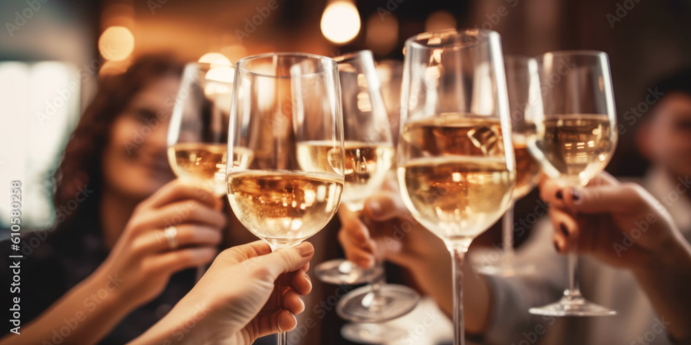 Close up of group of friends toasting with glasses of white wine at restaurant