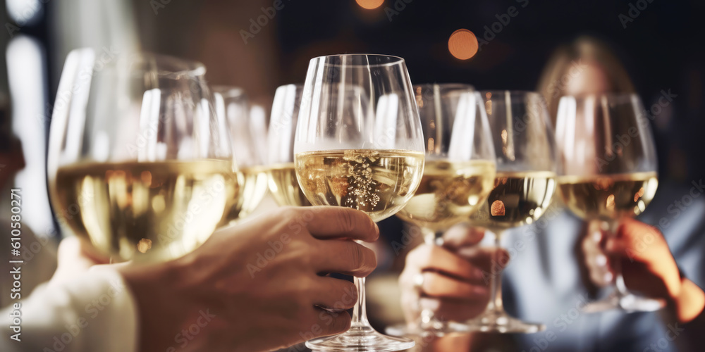 Close up of group of friends toasting with glasses of white wine at restaurant Close up of group of friends toasting with glasses of white wine at restaurant
