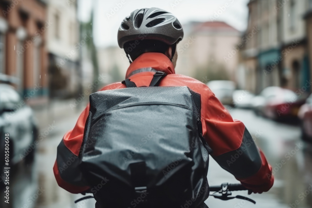 Delivery man riding a bicycle through the city with delivery backpack Delivery man riding a bicycle through the city with delivery backpack