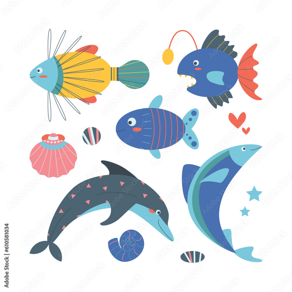 Set of marine elements fish, shells, dolphin, stones in flat cartoon style.