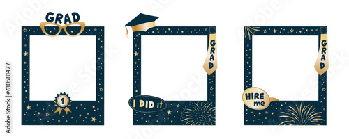 Set of Graduation party photo booth props. Frames with congratulations lettering text. Photobooth vector element. Concept for selfie. Congrats grad quote. Gold and black decoration for celebration