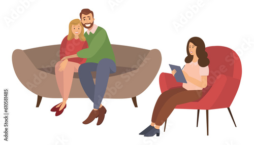Happy married couple on couch and female psychologist or psychotherapist sitting in front of them. Resolved family conflict, relationship problem, reconciliation. Flat cartoon vector illustration.
