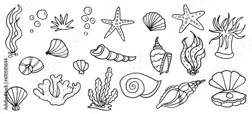Ocean underwater shell doodle set, tropical  outline sea cartoon icons for vacation textile, isolated on white kit