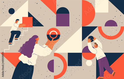 People flying in abstract imaginary space organizing geometric shapes. Group of young men collecting figures. Teamwork and team building organization concept. Coworking and business partnership