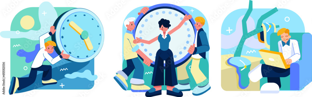 Set of people doing job, managing time. Female coach helping employees planning work time. Male sitting on coach and working on laptop. Man pushing big clock. Flat vector illustration