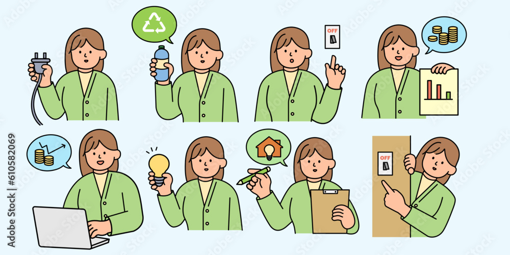 A Set of an Energy-Saving Woman, Turning Off Lights, and Reducing Electricity Usage. Environment, Power and Saving Energy Concept. Cartoon Flat Vector illustration.