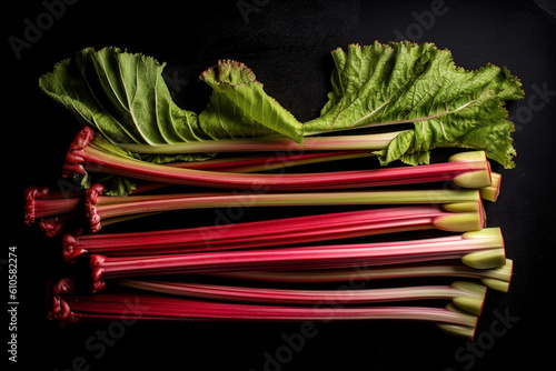 fresh rhubarb on dark background, generated AI tools photo