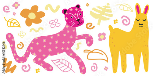 Pink leopard yellow lama cartoon vector style kit, Flat set Isolated on white, Summer childish kids party design elements