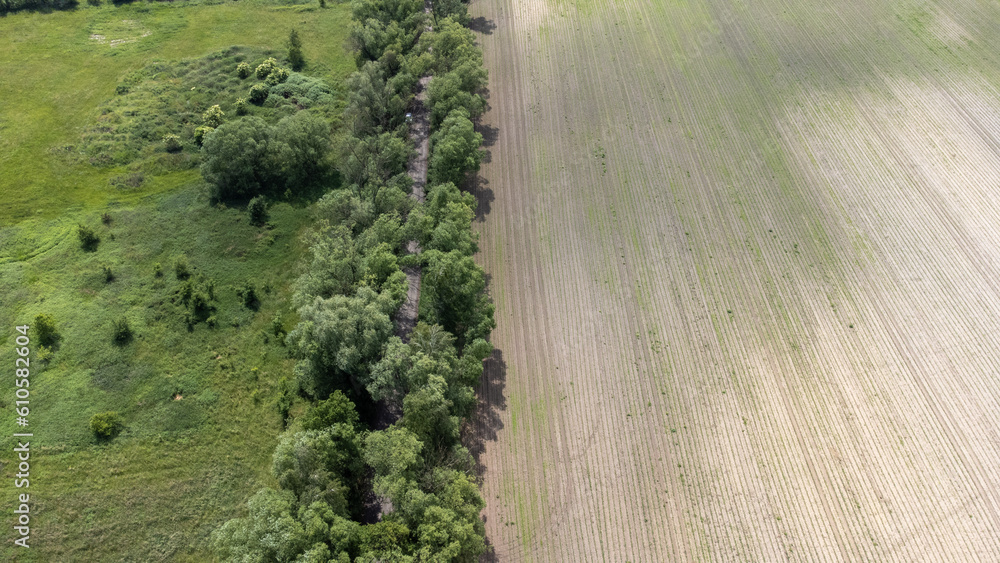 Aerial view, general landscape - meadows, trees, dirt road and farmland with small corns.