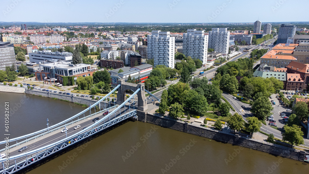Aerial view, general cityscape of Wroclaw city, Poland. Historical Grunwaldzki bridge, landmark of Wroclaw.