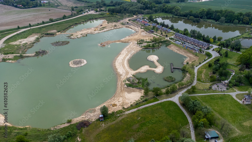Ponds - aerial view, general landscape of Lower Silesia, Milocin estate in Poland.