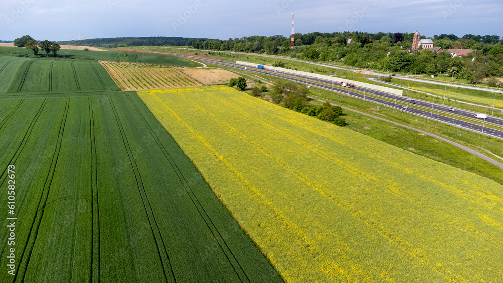 Green and yellow fields, farmland with grains and corns. Aerial view in Lower-Silesia, Poland.