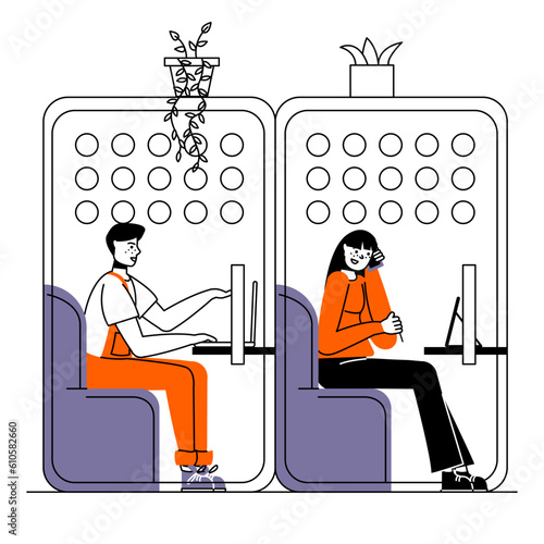 Cartoon lady and male sitting in mini-cabin and working on tablet and computer. Video calls, work in calm private space in coworking. Flat vector illustration in purple and orange colors