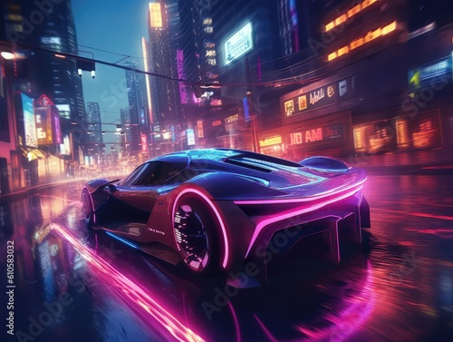 A futuristic concept car at night in the city with neon details.