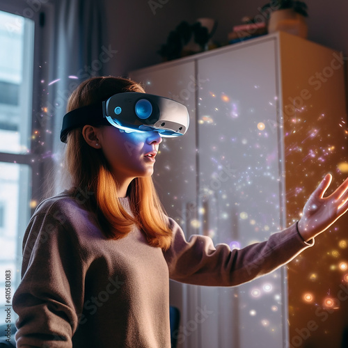 a woman wearing vision pro or vr, side view, at home doing activities in daily life, generative AI