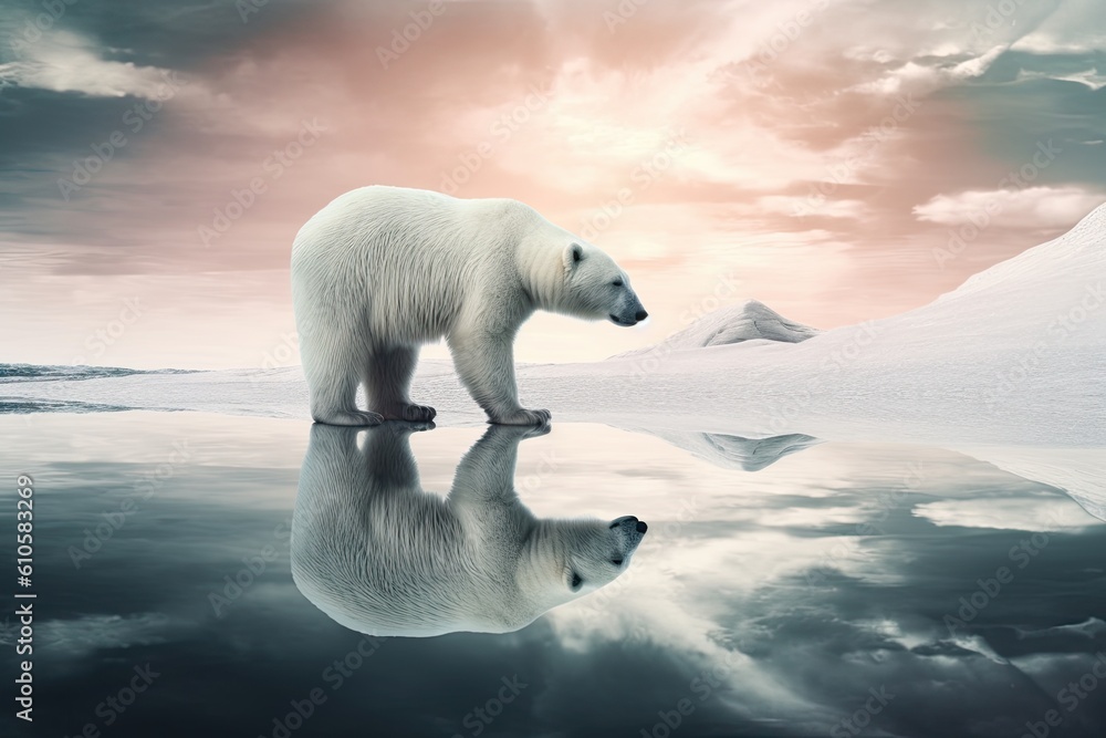 Polar bear standing on an ice floe with soft colors and cool tones. Generative AI