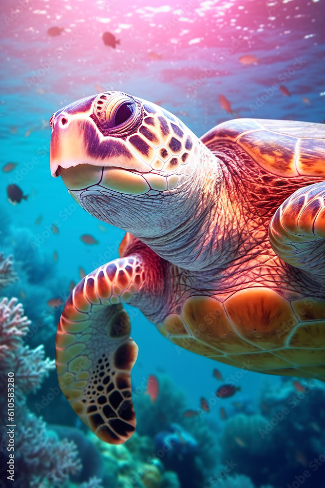 Fototapeta premium Sea turtle swims under water on the background of coral reefs. Generative AI