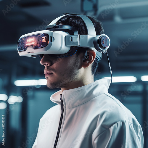 a man wearing vision pro or vr working in work station , generative AI