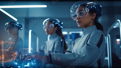 2 person wearing vision pro or vr working in scientific laboratory, generative AI