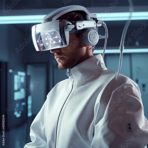 a man wearing vision pro or vr working in work station ,generative AI
