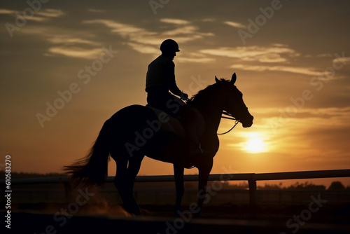 silhouette of a horse and rider at sunset. back view.
