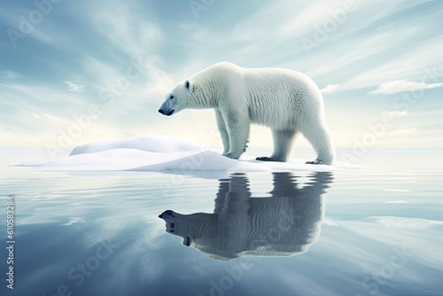 Polar bear standing on an ice floe with soft colors and cool tones. Generative AI © Gelpi