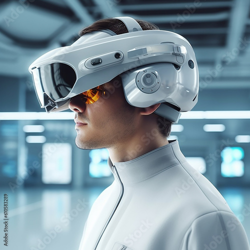 close up of a man wearing vision pro or vr working in work station ,generative AI