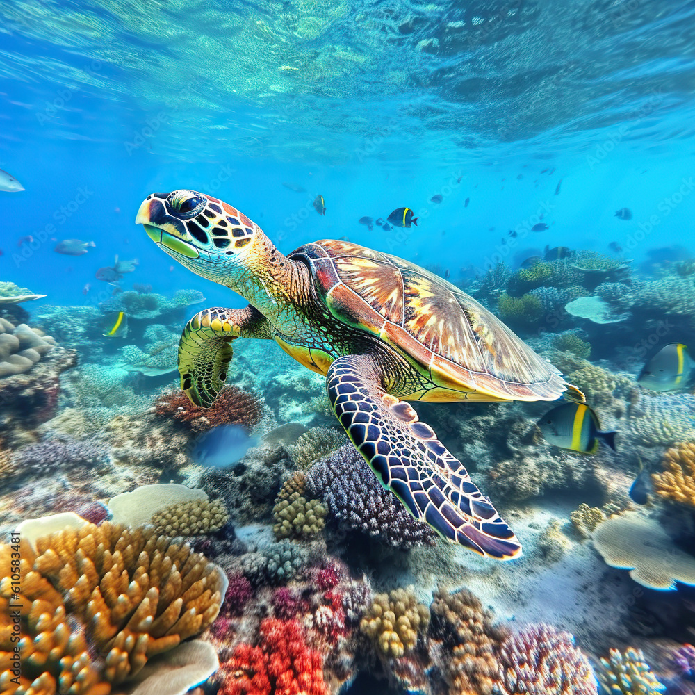 Sea turtle swims under water on the background of coral reefs. Generative AI Sea turtle swims under water on the background of coral reefs. Generative AI