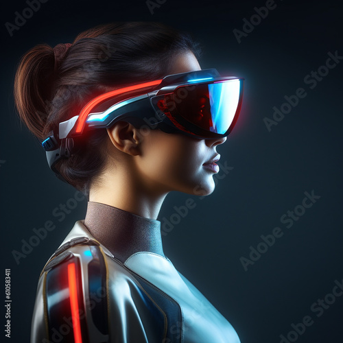 close up of a woman wearing vision pro or vr glasses on black background,side view, generative AI