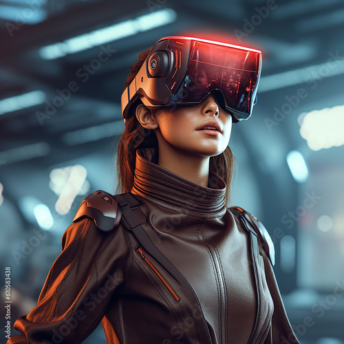 close up of a woman wearing vision pro or vr glasses in futuristic background, generative AI
