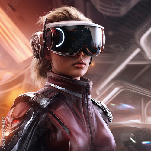 close up of a woman wearing vision pro or vr glasses in futuristic background, generative AI