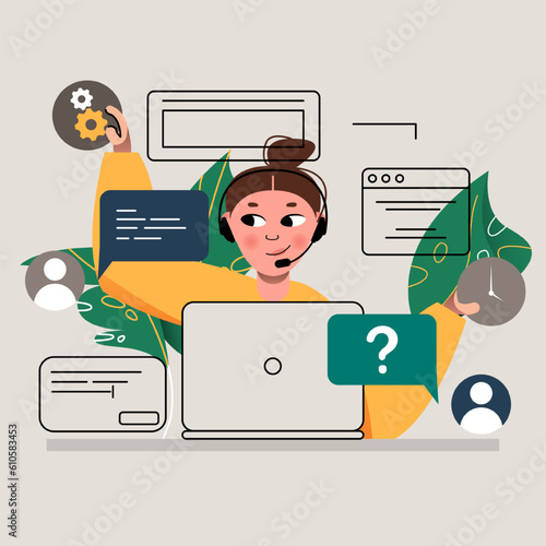 Woman in headphones working on laptop, chatting with clients, giving technical support in call center. Online help for costumers concept. Flat vector illustration in green and yellow colors