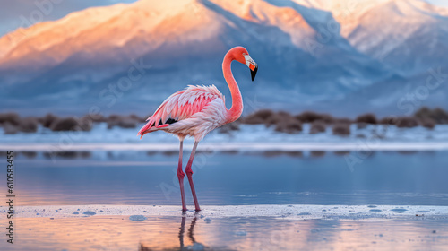 Generative ai illustration of standing pink flamingo in natural environment
