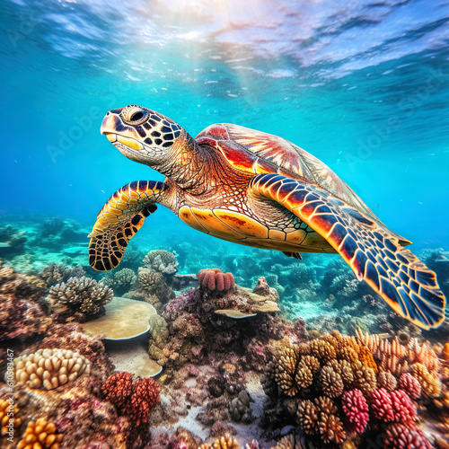 Sea turtle swims under water on the background of coral reefs. Generative AI