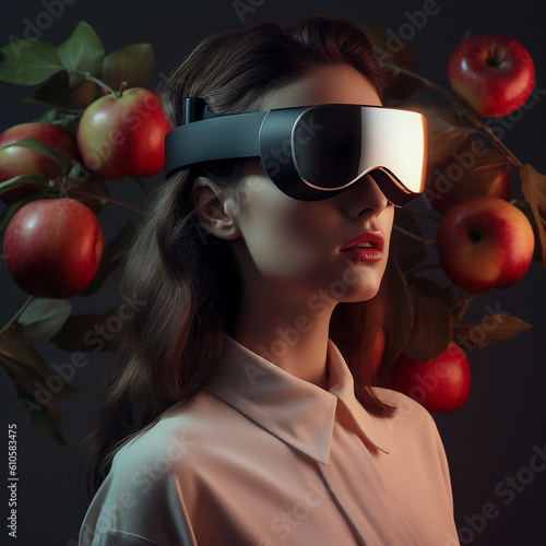close up of a woman wearing vision pro or vr glasses in natural environment ,generative AI