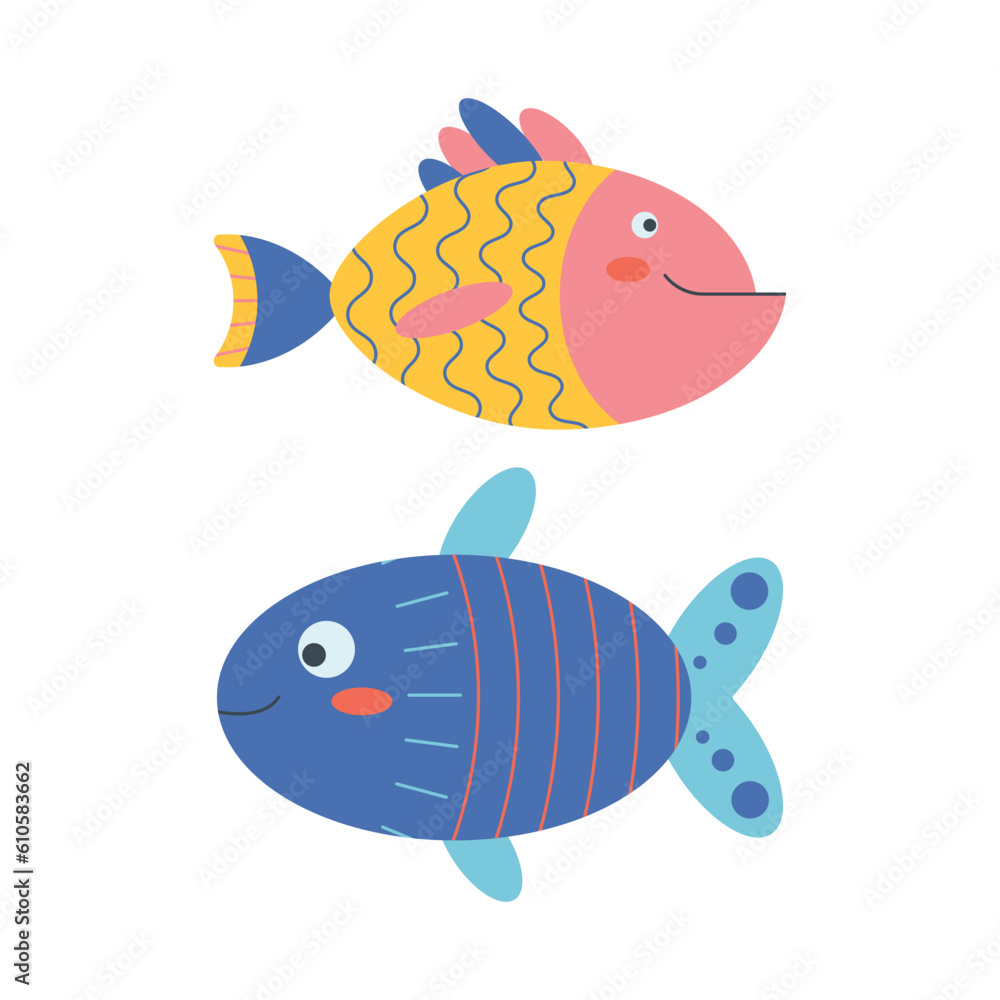 Set of marine fish elements in flat cartoon style.