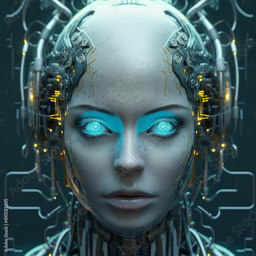 close up of an artificial intelligence face, like a human, generative AI