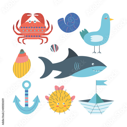 Set of marine elements fish  anchor  shark  shells  boat  crab in flat cartoon style.