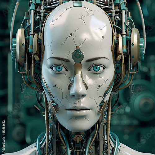 close up of an artificial intelligence face, like a human, generative AI