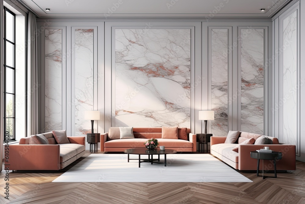 Modern living room interior with wooden floors, marble walls, and sofas ...
