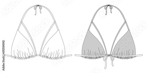 Woman triangle bikini technical drawing, template, sketch, flat, mock up. Recycled fabric swimwear front and back view, white color