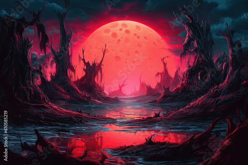 huge glowing red moon in a creepy halloween setting with horror trees, Generative AI