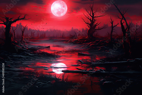 beautiful red moon with a reflection in the river  creepy trees  halloween  Generative AI