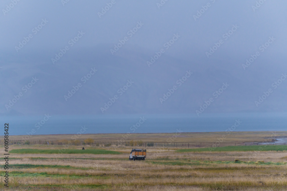 Obraz premium grasslands, Lake Moriri, mountains, cloudy sky. Beautiful scenery at the mountain lake, Ladakh, India