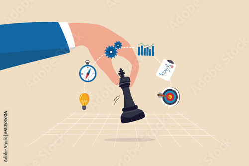 Strategic planning, tactic or strategy to win business competition, marketing analysis or challenge to achieve target, decision based on information concept, businessman hand on strategic chess king. photo