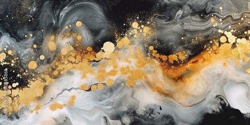 Abstract black and white marble texture with gold splashes, blue luxury background, Natural luxury abstract fluid art watercolor in alcohol ink technique, Generative AI © VeloonaP