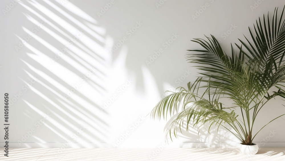 Fototapeta premium Palm plant standing again wall with natural light shine up on for E-commerce, Retail, Online Shop, Product Photography, Beauty, Cosmetics, Fashion, showcase for advertisement, generative ai