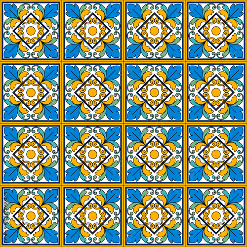 Piastrelle azzurre e giallo-arancioni